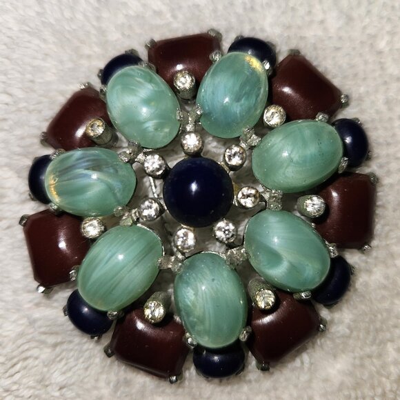 Castlecliff art glass cabochon vintage MCM round brooch/pendant bezel rhinestone - Picture 1 of 5